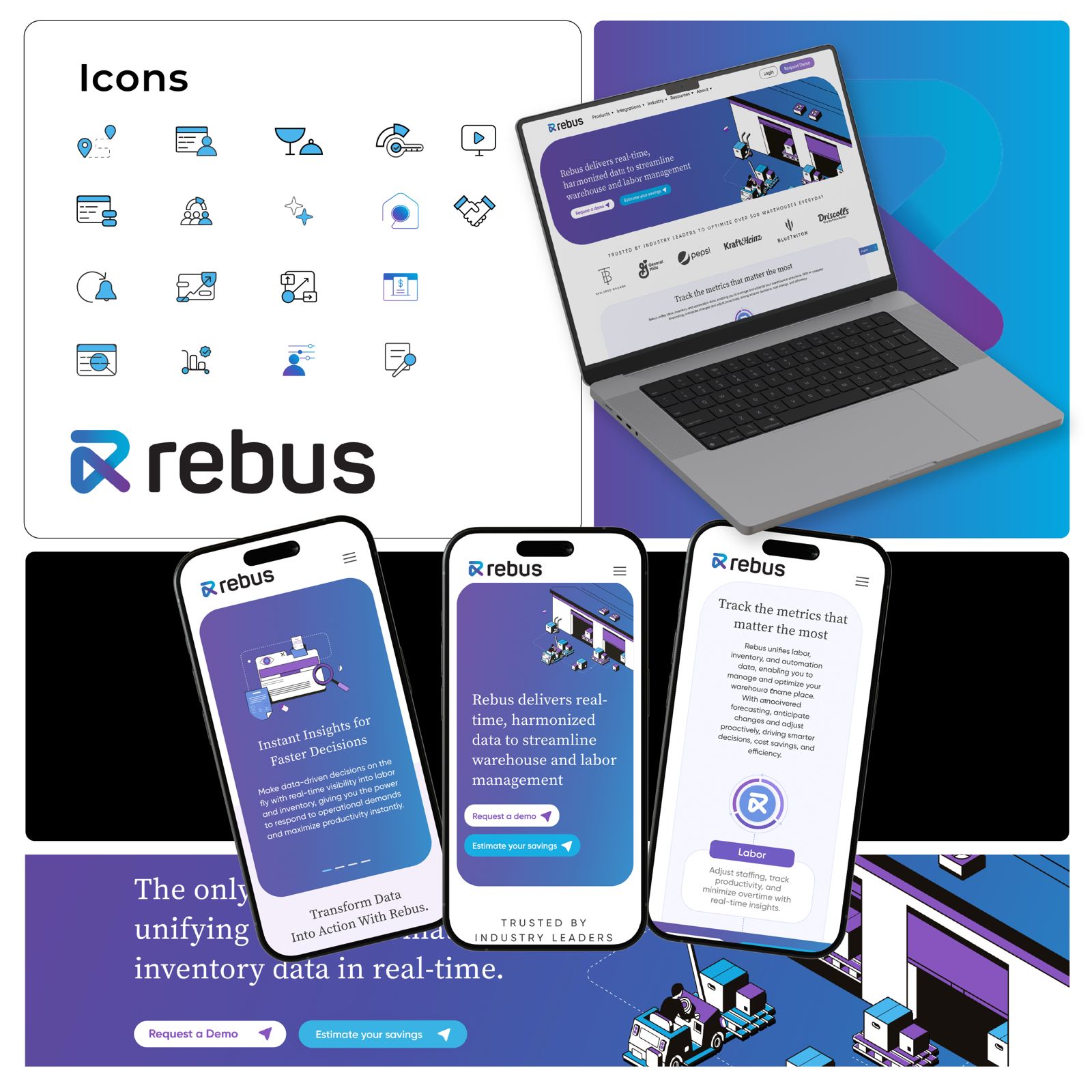 Rebus SaaS product UI design by NOW Media, warehouse and labor management dashboard with iconography, marketing site, and mobile app screens